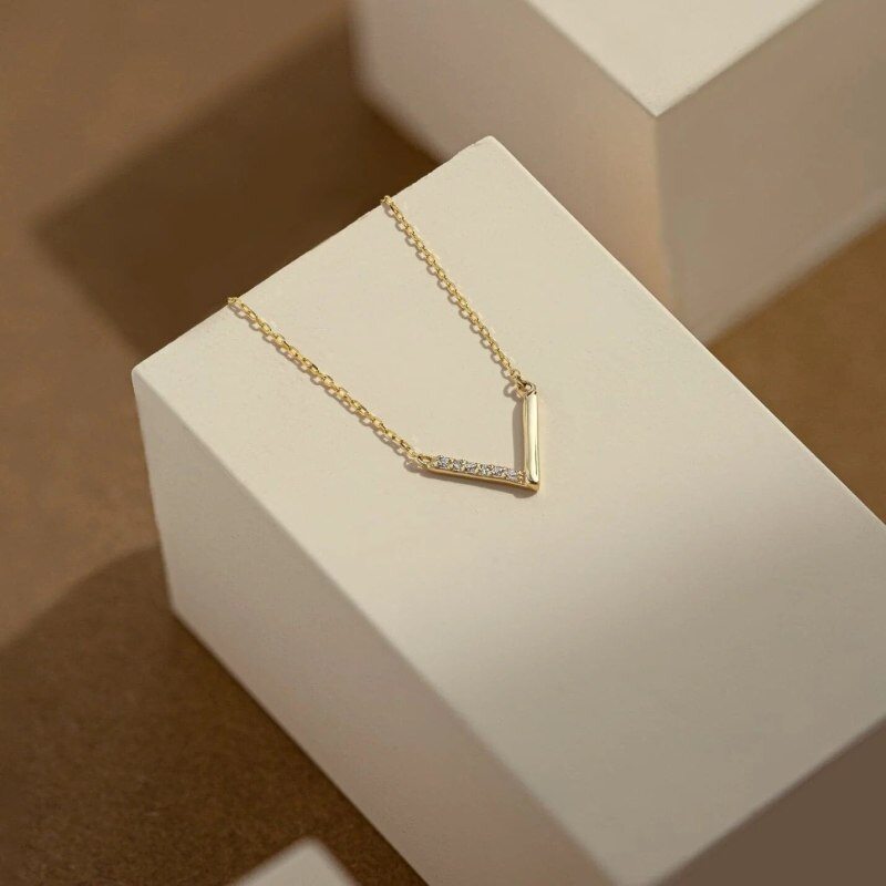 10K Gold Moissanite Chevron Pendant Necklace-3