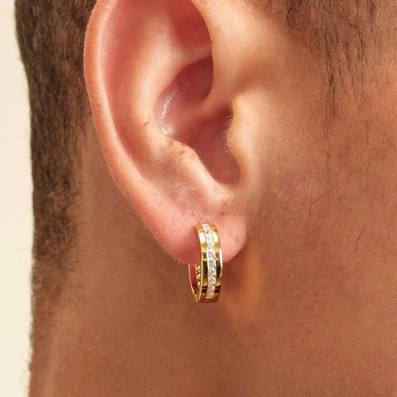 14K Gold Moissanite Circle Studded Inset Hoop Earrings for Men-2