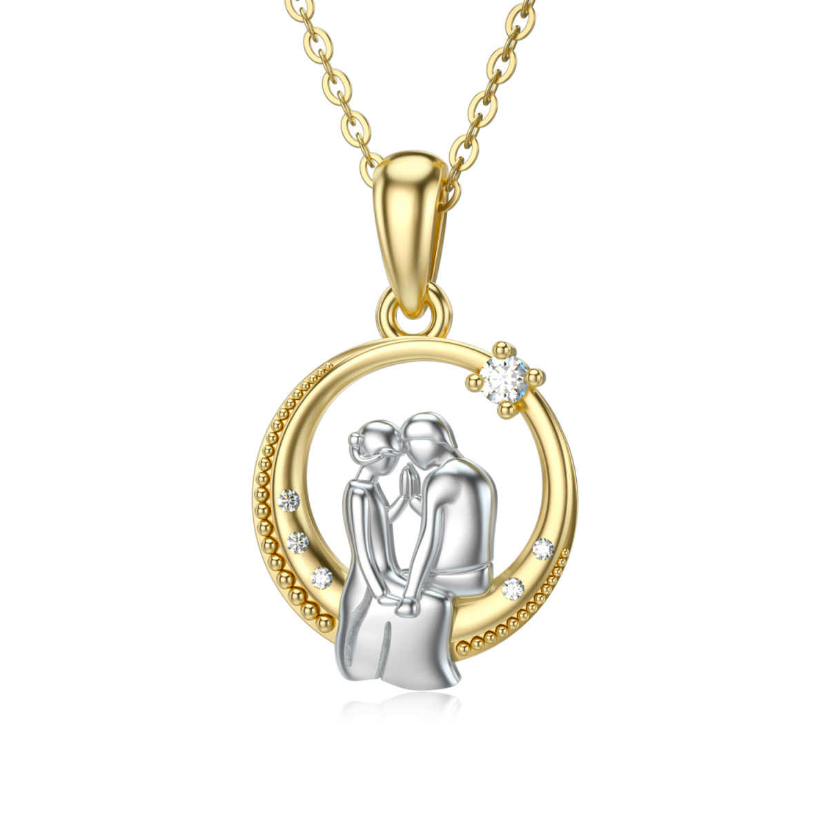 14K Gold Moissanite Couple & Moon Pendant Necklace-1