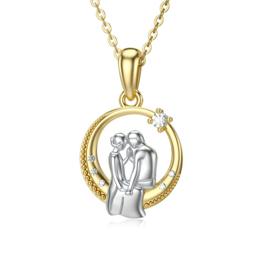 14K Gold Moissanite Couple & Moon Pendant Necklace