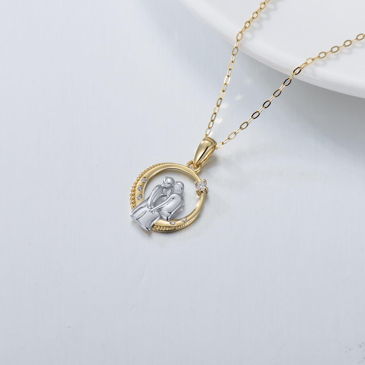 14K Gold Moissanit Paar & Mond Anhänger Halskette-4