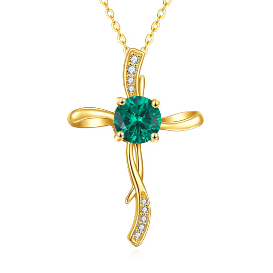 10K Gold Moissanite Created Emerald Cross Pendant Necklace-1