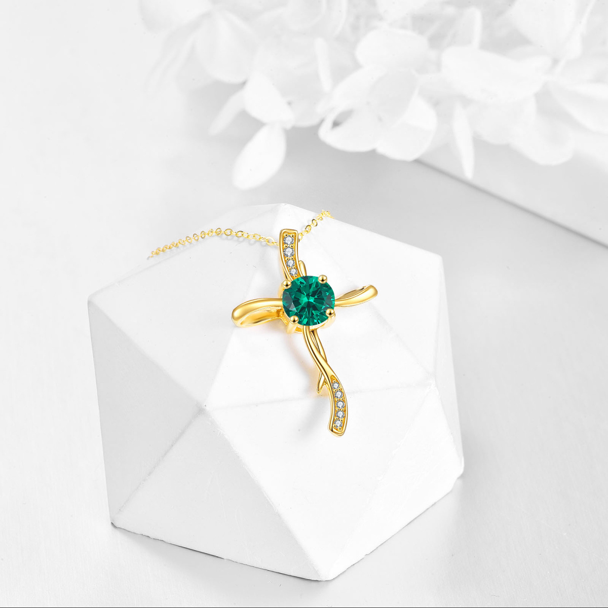 10K Gold Moissanite Created Emerald Cross Pendant Necklace-3