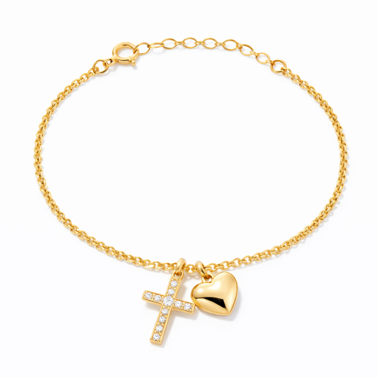 10K Gold Moissanite Cross & Heart Charm Bracelet