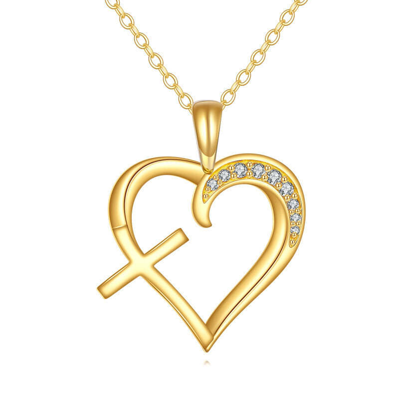 Colar com Pingente de Cruz e Coração em Moissanita e Ouro 14K-10
