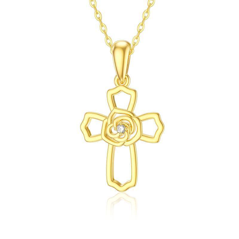 Colar de ouro 14k com zircônia cúbica cruz rosa flor presentes ideais para mulheres-1