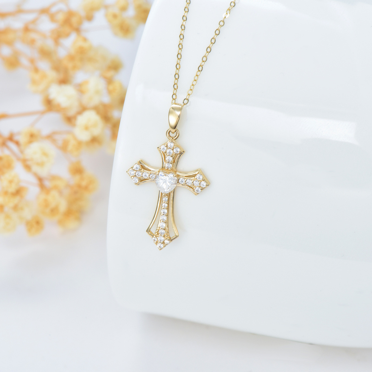 14K Gold Moissanite Cross Pendant Necklace-3