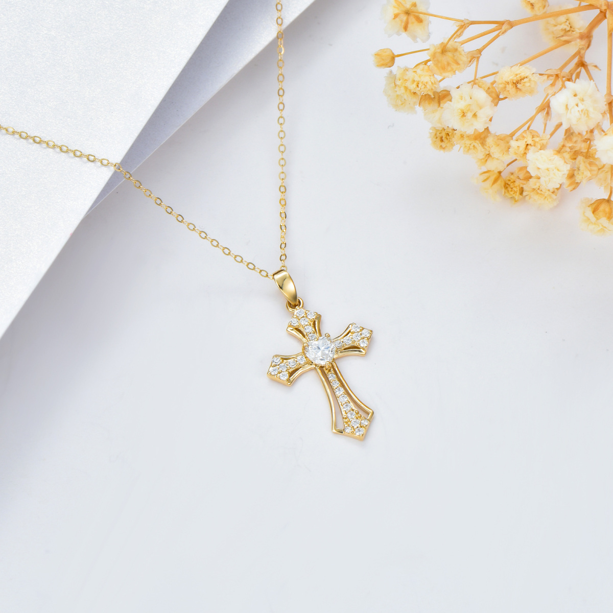 14K Gold Moissanite Cross Pendant Necklace-4