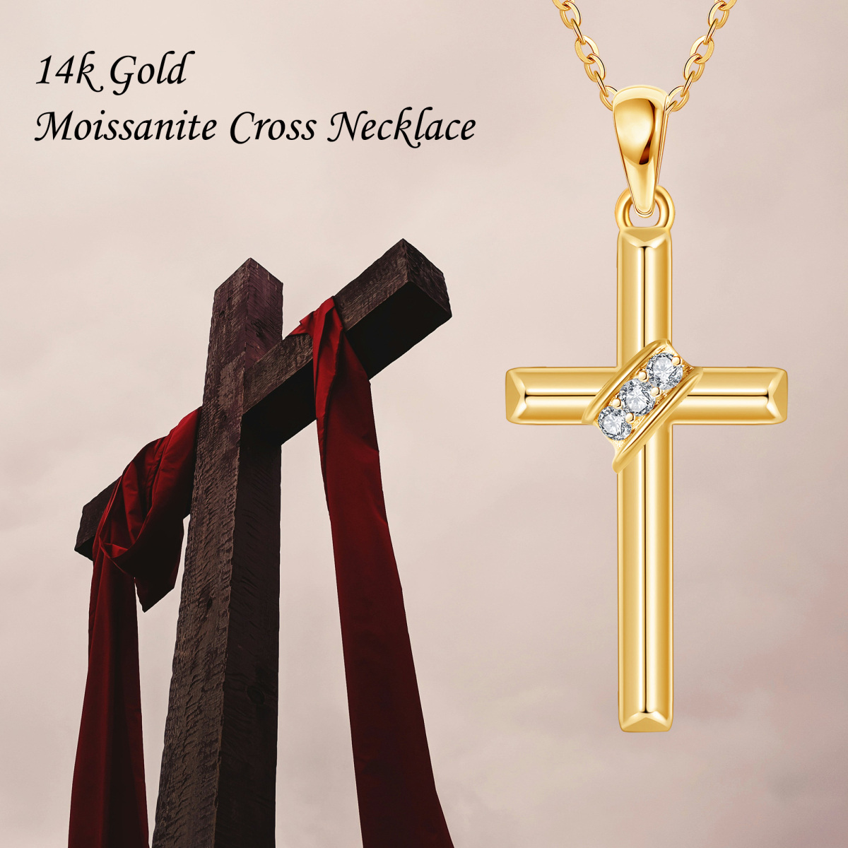 10K Gold Moissanite Cross Pendant Necklace-6