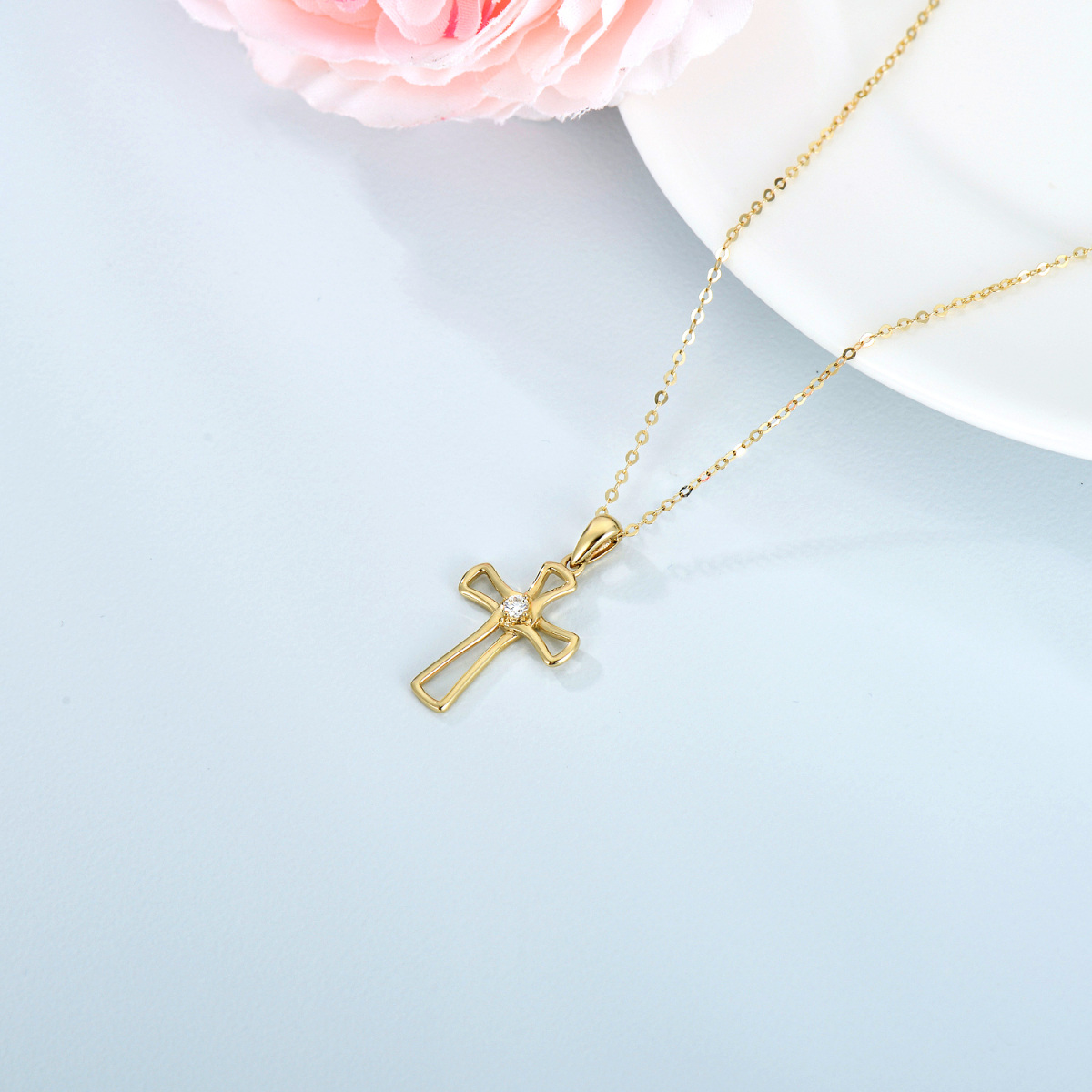 10K Gold Moissanite Cross Pendant Necklace-4