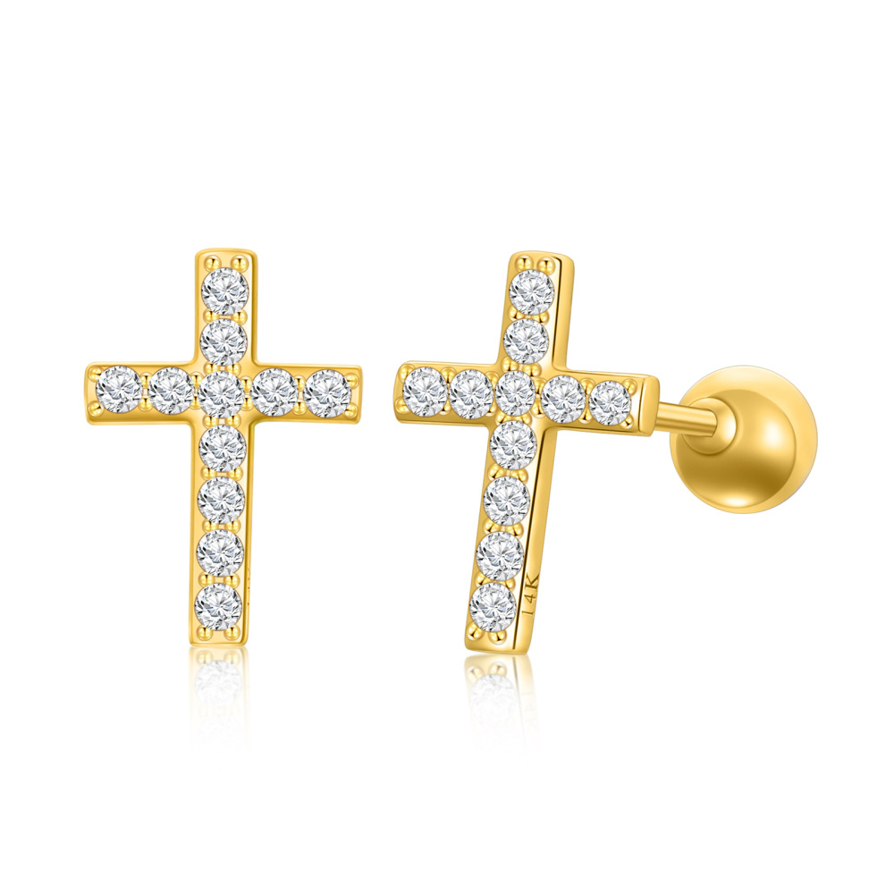 10K Gold Moissanite Cross Stud Earrings-1