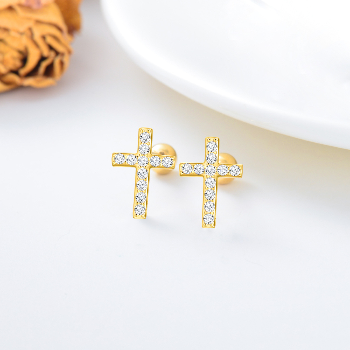 Pendientes de cruz de moissanita en oro de 14 quilates-3
