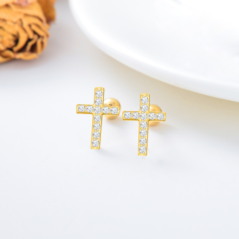 10K Gold Moissanite Cross Stud Earrings-3