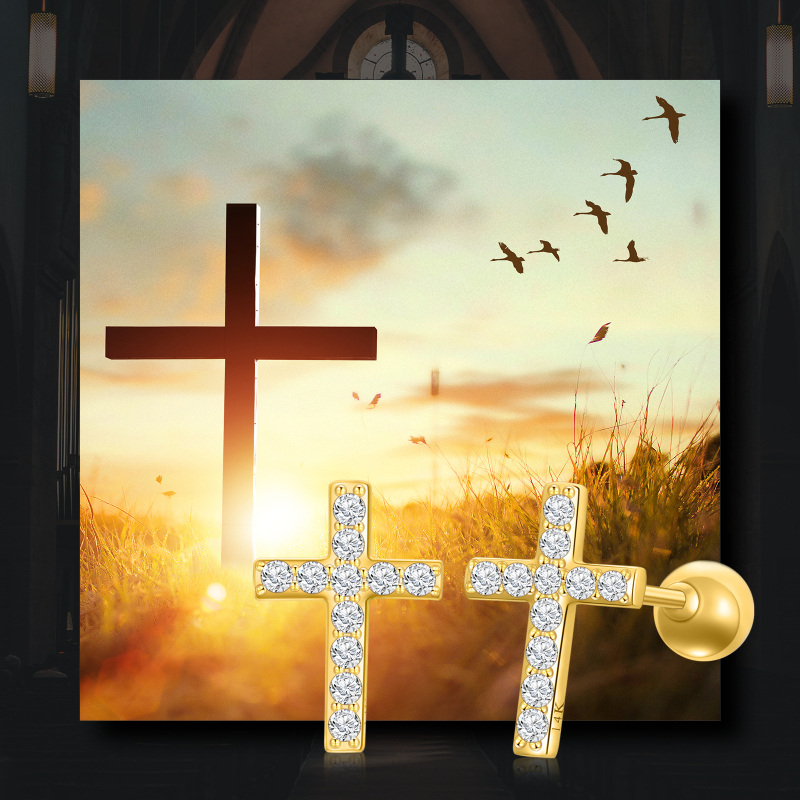 10K Gold Moissanite Cross Stud Earrings-6