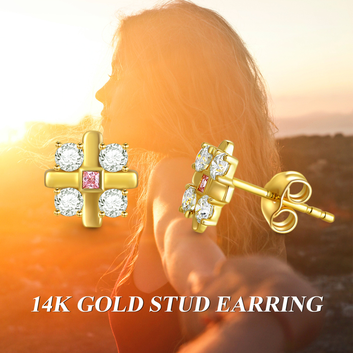 14K Gold Moissanite Cross Stud Earrings-5