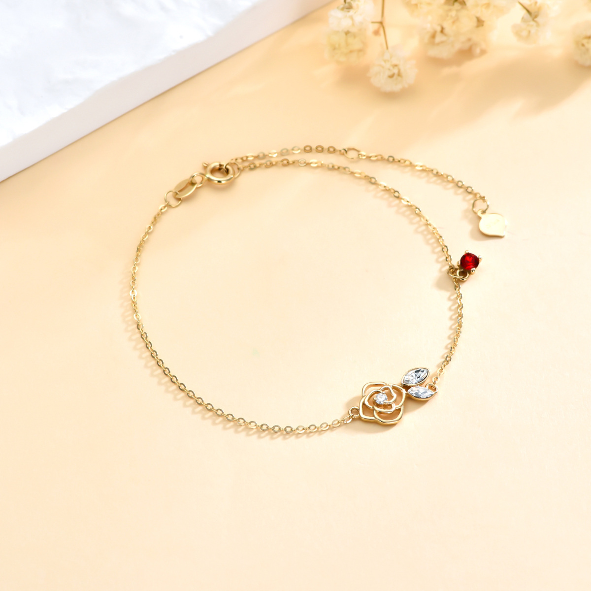 10K Gold Moissanite & Crystal Rose Charm Bracelet-3