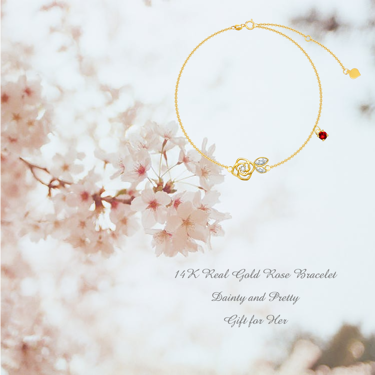 Bracciale con ciondolo a forma di rosa in oro 14K con moissanite e cristallo-5