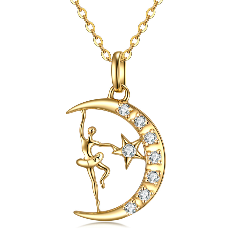 10K Gold Moissanite Dancing Girl Moon & Star Pendant Necklace For Ballet Lovers-1