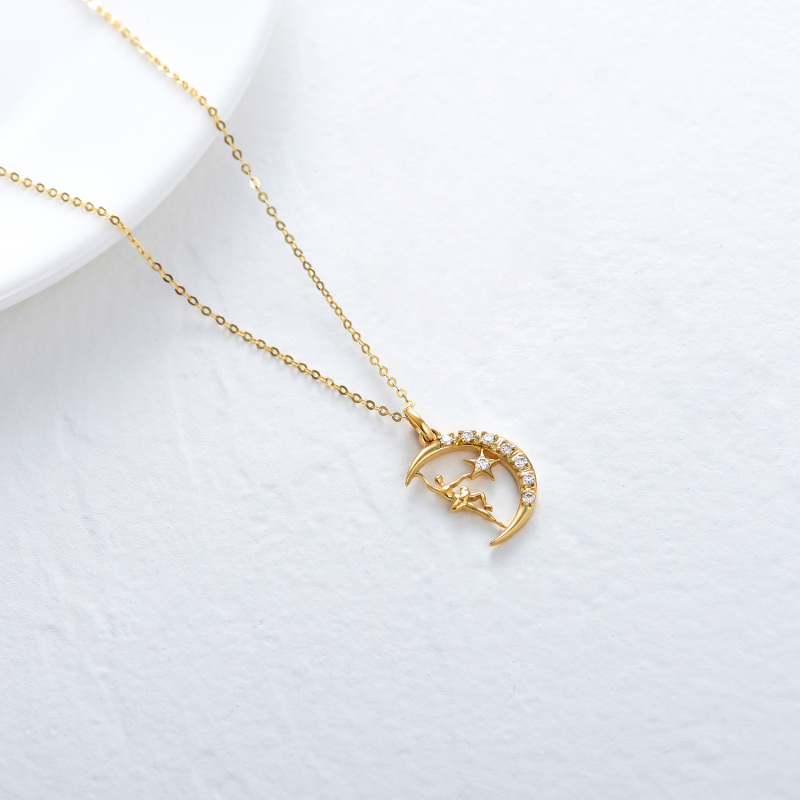 10K White Gold Moissanite Dancing Girl & Moon & Star Pendant Necklace-4