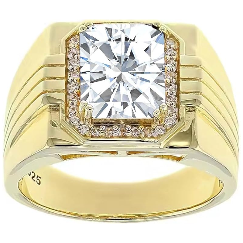 14K Gold Moissanite with Diamonds Halo Emerald Cut Custom Engagement Ring for Men-1