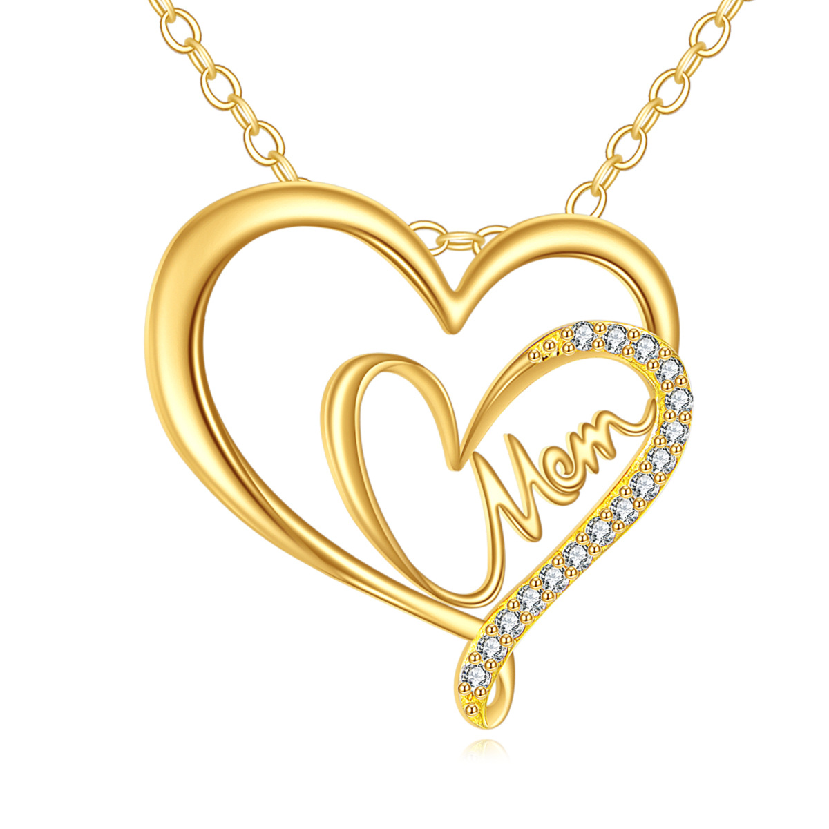 10K Gold Moissanite Double Heart Pendant Necklace with Engraved Word-1