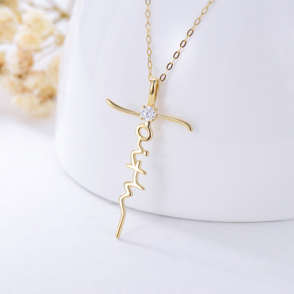 10K Gold Moissanite Faith Cross Pendant Necklace-4