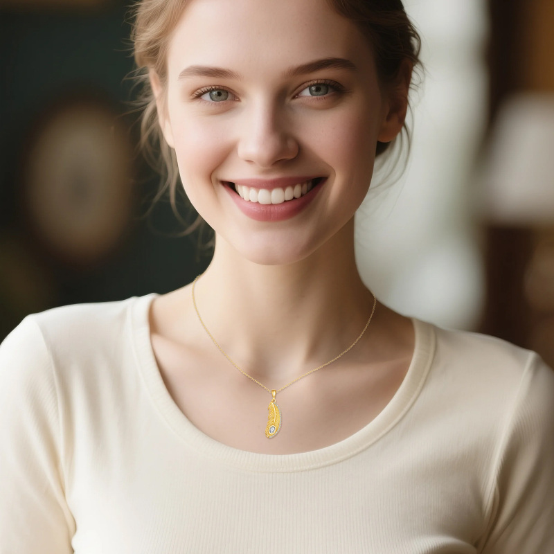 14K Gold Moissanite Feather Pendant Necklace-2
