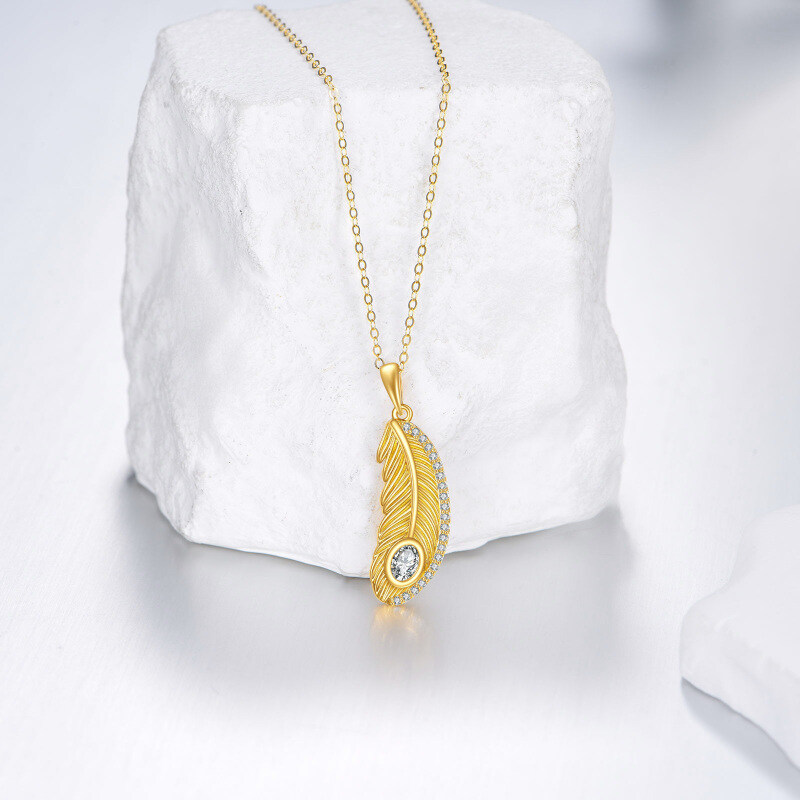 14K Gold Moissanite Feather Pendant Necklace-3