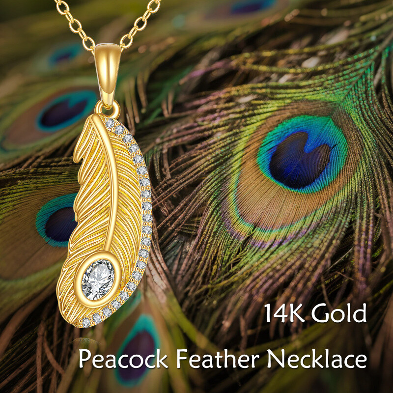 14K Gold Moissanite Feather Pendant Necklace-4