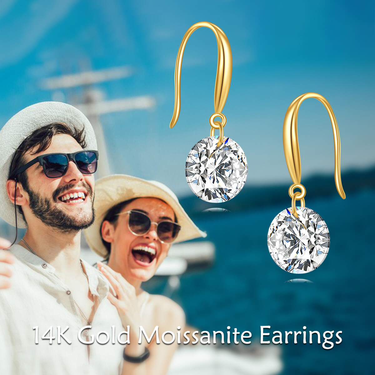 14K Gold Moissanite Fish Hook Drop Earrings-6