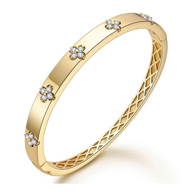 Sterling Silver with Yellow Gold Plated Moissanite Four Leaf Clover Plain Bangle Bracelet-2