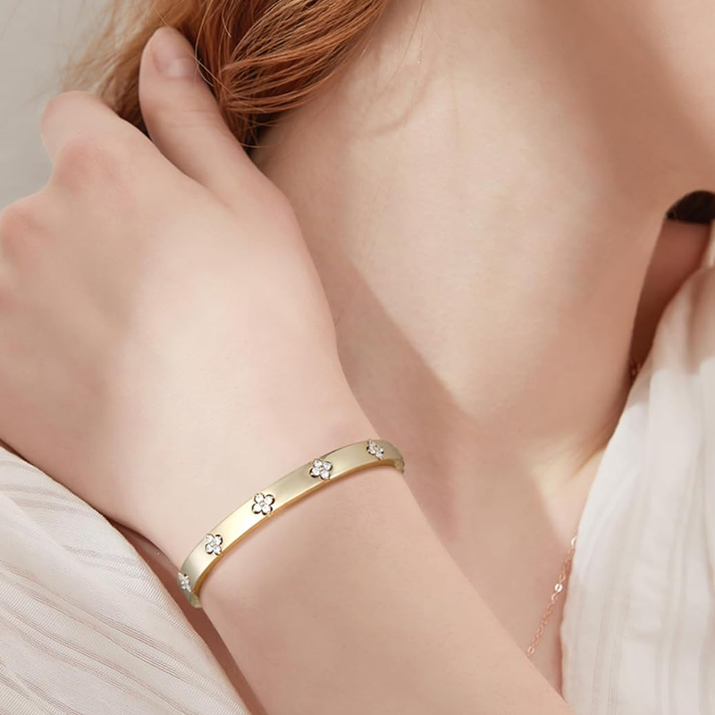 Sterling Silver with Yellow Gold Plated Moissanite Four Leaf Clover Plain Bangle Bracelet-2