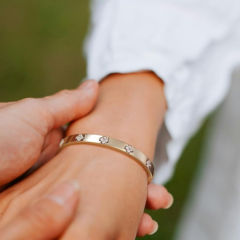 Sterling Silver with Yellow Gold Plated Moissanite Four Leaf Clover Plain Bangle Bracelet-3