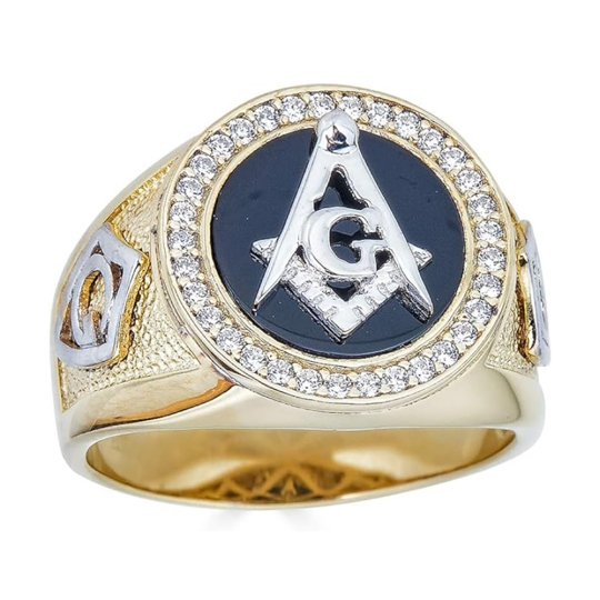 Anillo masónico de plata de ley con moissanita bañada en oro amarillo para hombre.