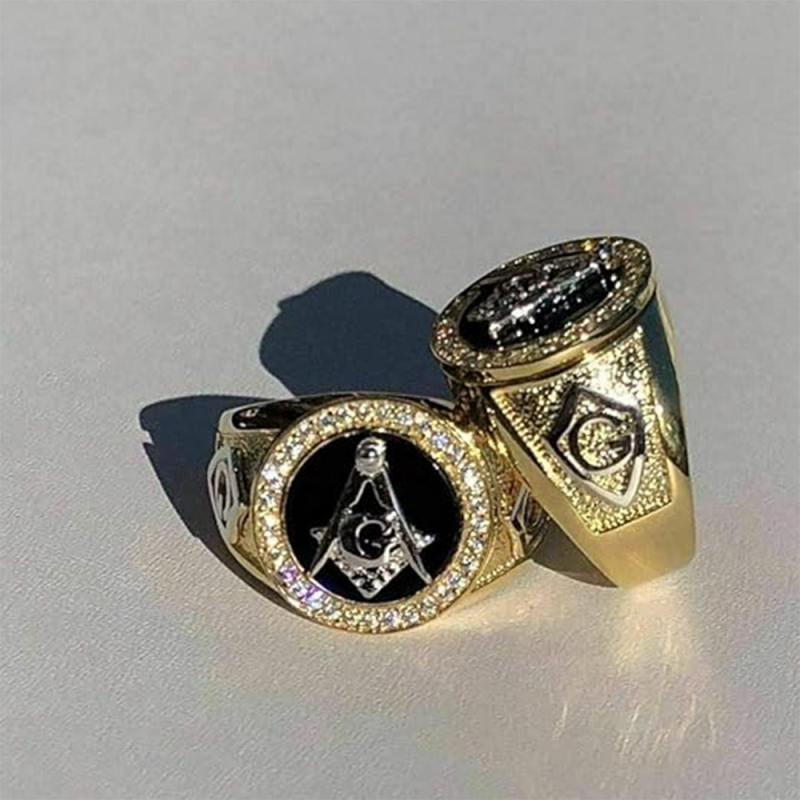 Sterling Silver with Yellow Gold Plated Moissanite Freemason Signet Ring for Men-2