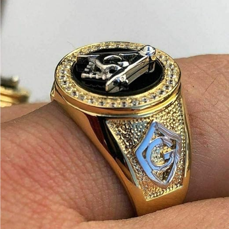 Sterling Silver with Yellow Gold Plated Moissanite Freemason Signet Ring for Men-3