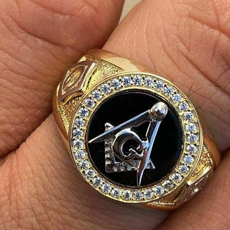 Sterling Silver with Yellow Gold Plated Moissanite Freemason Signet Ring for Men-4