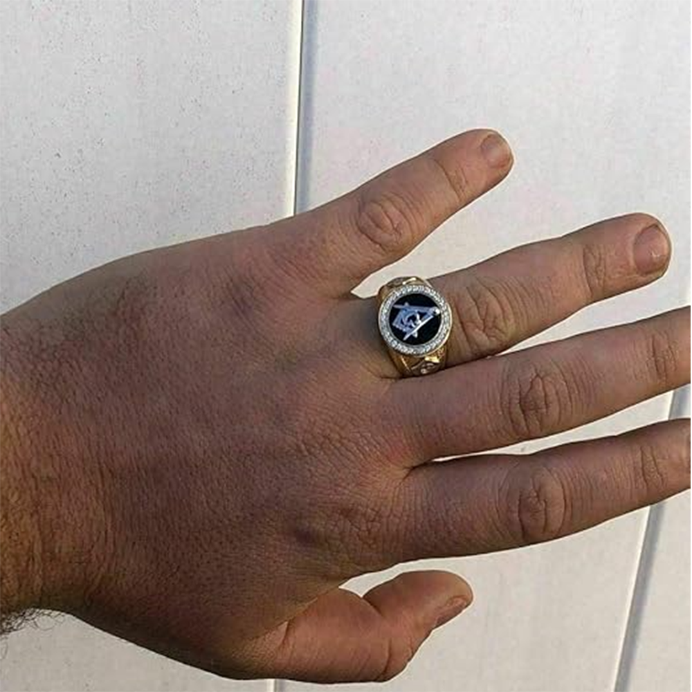 Sterling Silver with Yellow Gold Plated Moissanite Freemason Signet Ring for Men-6