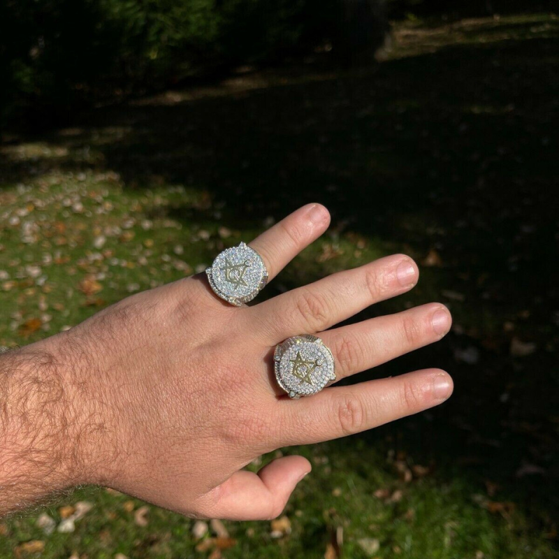 Anillo de sello masónico de moissanita en oro de 14 quilates para hombre-2