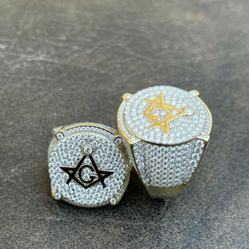 Anillo de sello masónico de moissanita en oro de 14 quilates para hombre-3