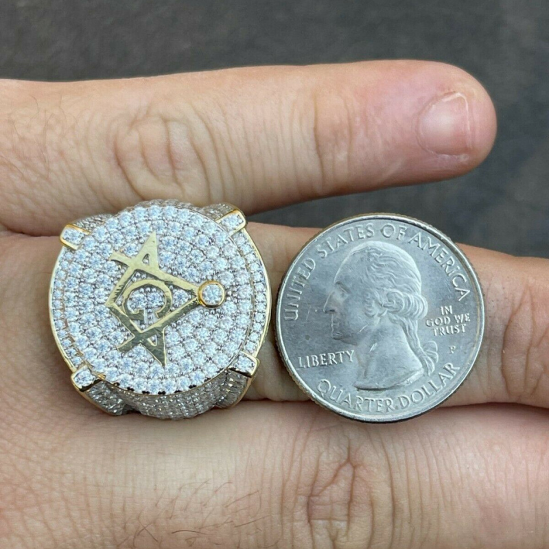 Anillo de sello masónico de moissanita en oro de 14 quilates para hombre-4