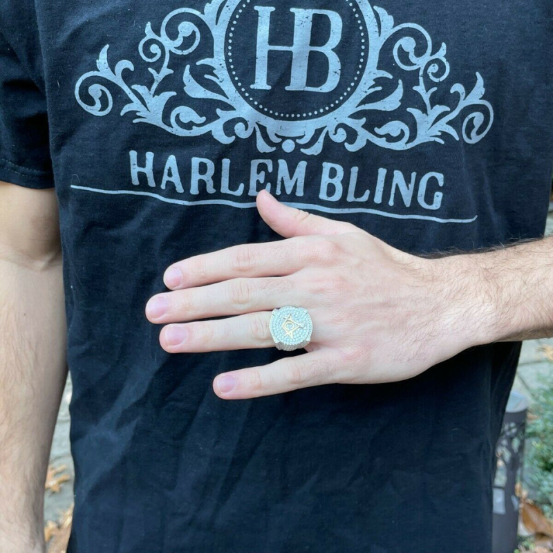 Anillo de sello masónico de moissanita en oro de 14 quilates para hombre-5