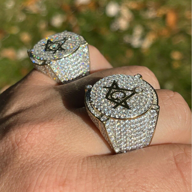 Anillo de sello masónico de moissanita en oro de 14 quilates para hombre-7