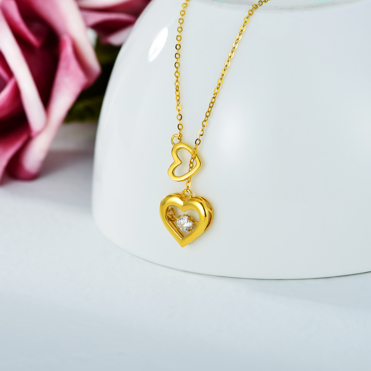 14-karatowy złoty naszyjnik Moissanite Heart Adjustable Y Necklace-3