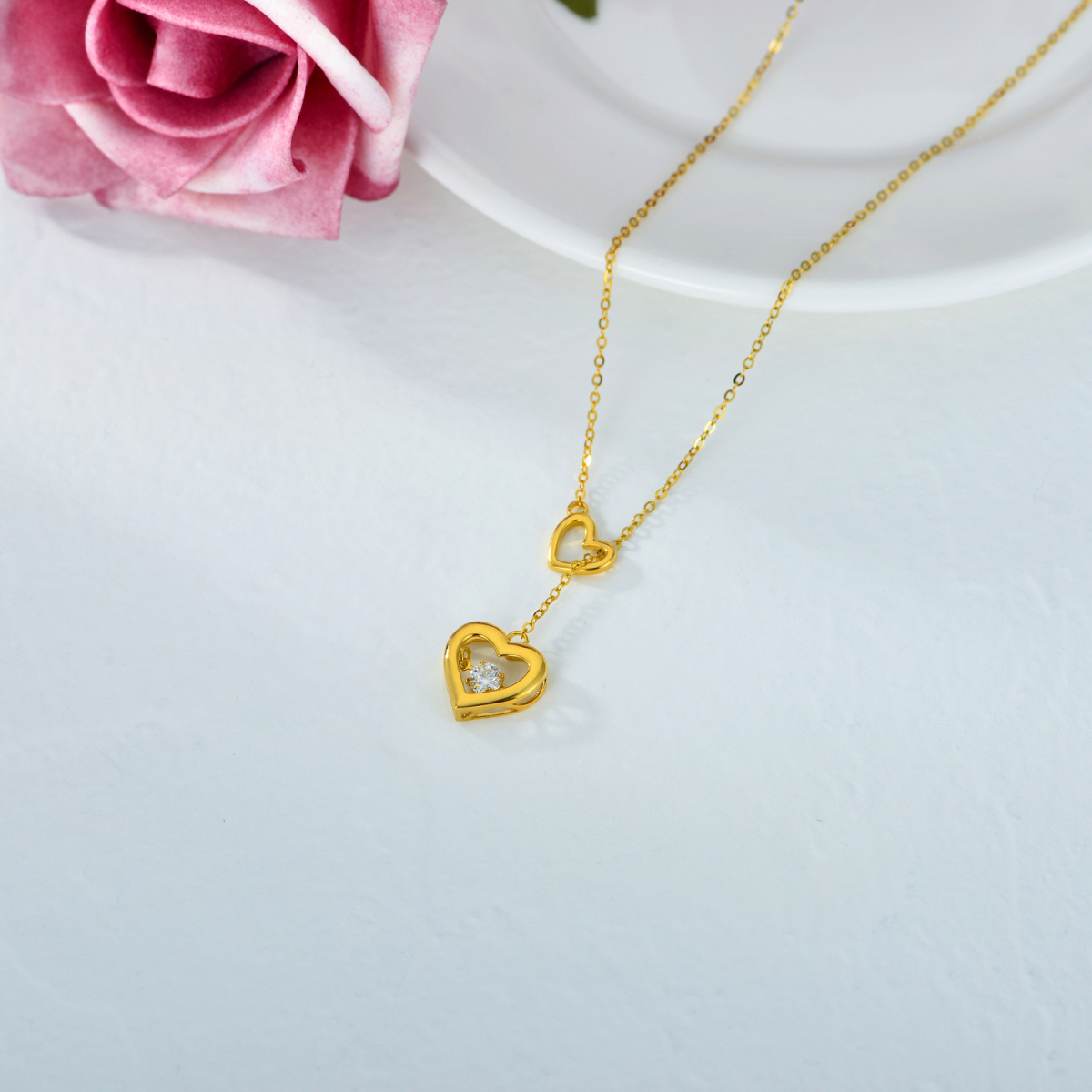 14-karatowy złoty naszyjnik Moissanite Heart Adjustable Y Necklace-4