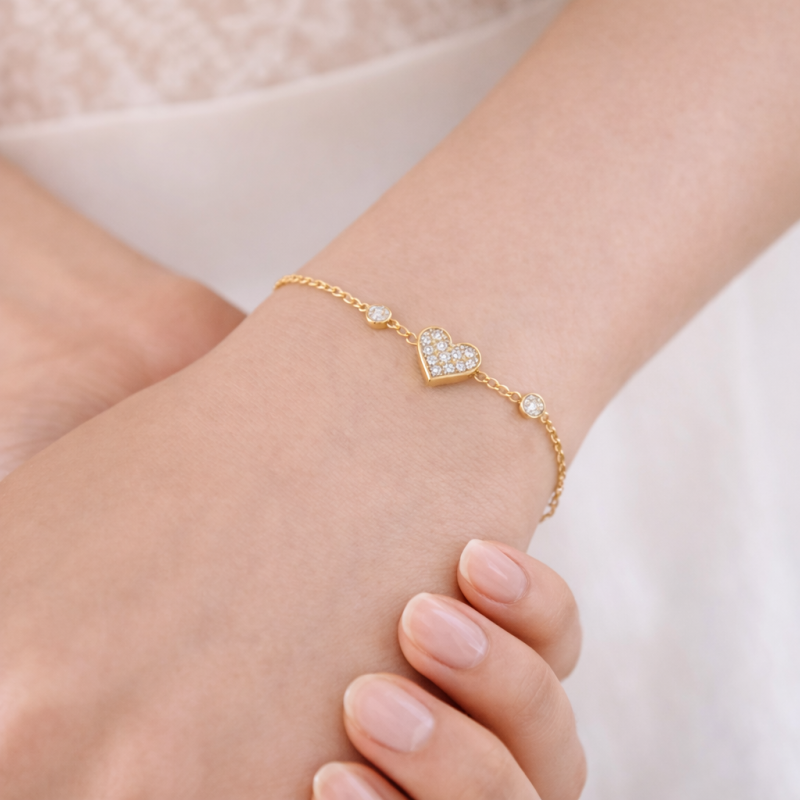 18K-Gold-Moissanit-Herz-Anhänger-Armband-2