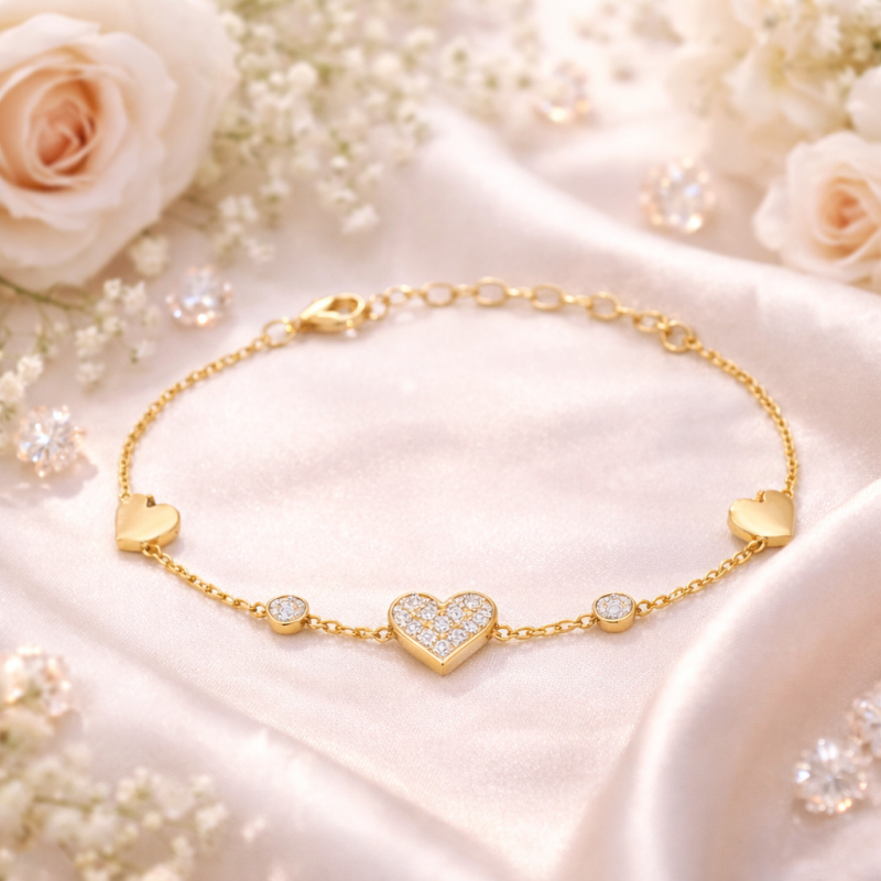 18K-Gold-Moissanit-Herz-Anhänger-Armband-3