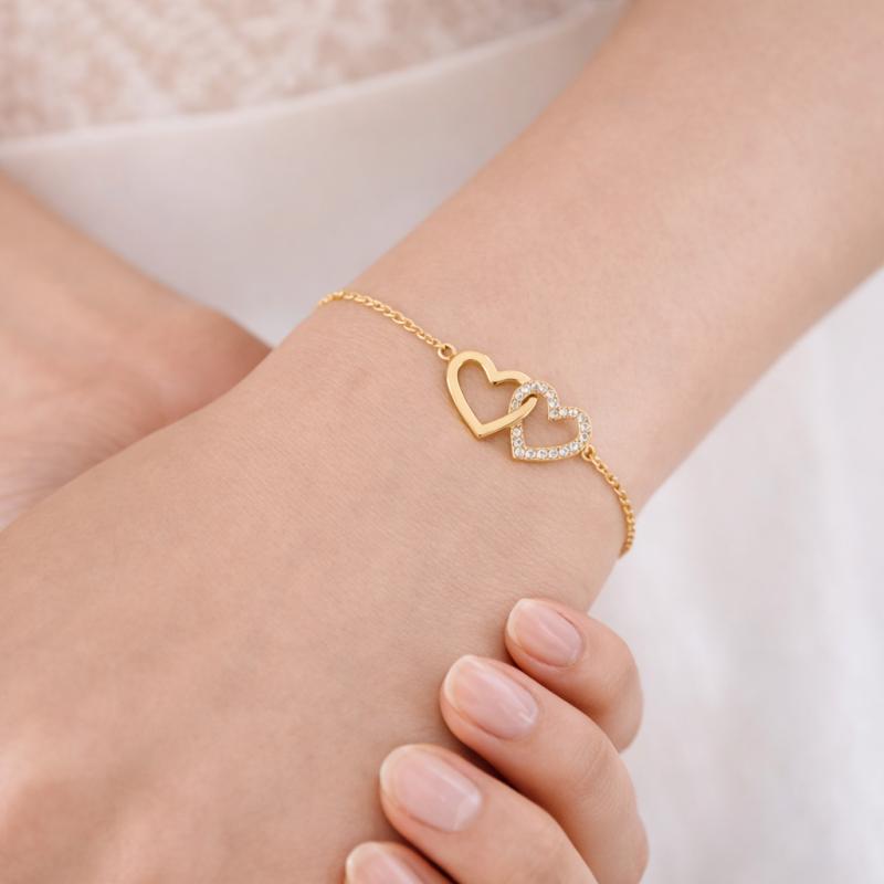 14K Gold Moissanite Heart With Heart Charm Bracelet-2