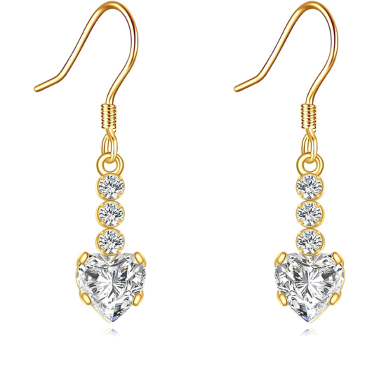 Boucles d'oreilles pendantes en forme de cœur en or 14 carats avec zircone cubique et moissanite pour femmes