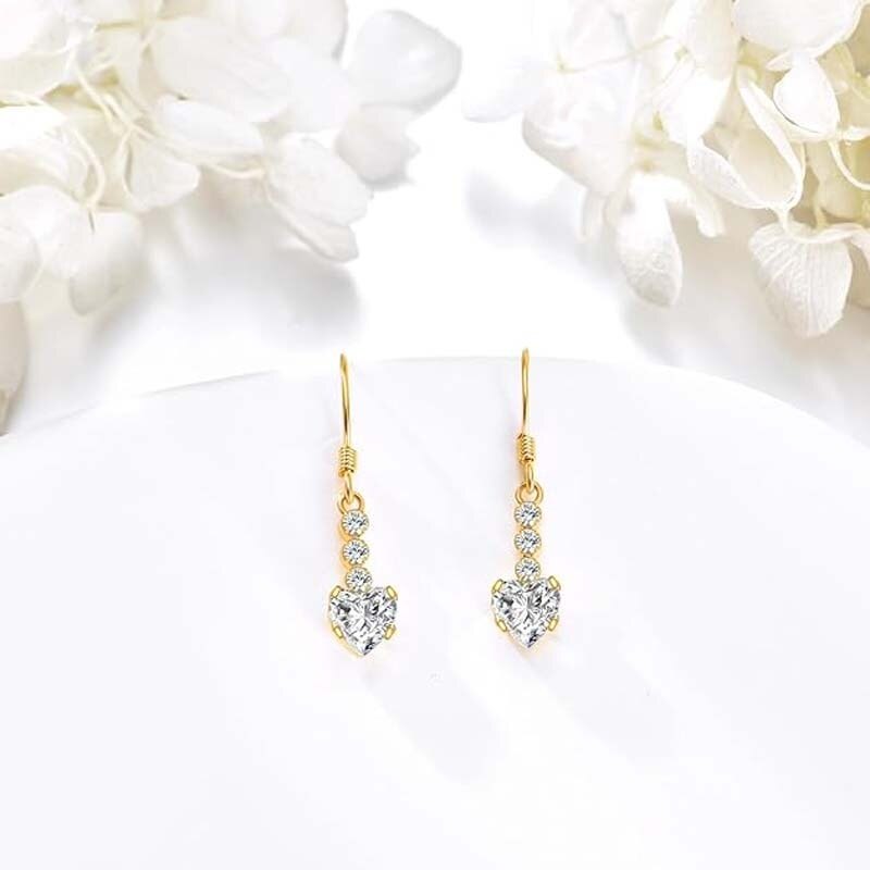 10K Gold Cubic Zirconia & Moissanite Heart Drop Earrings for Women-3